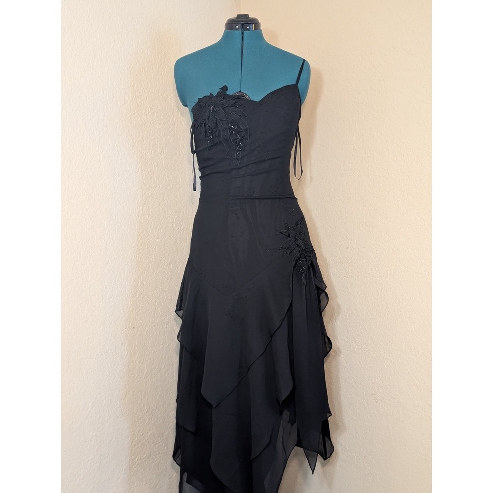Elim Black Beaded Floral Asymmetrical Ruffle Formal Gown Dress Small Y2K Gothic